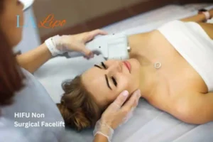 Woman having Hi-Fu to reduce wrinkles Cardiff.