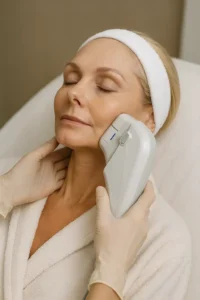 Woman receiving HIFU non surgical facelift treatment Cardiff