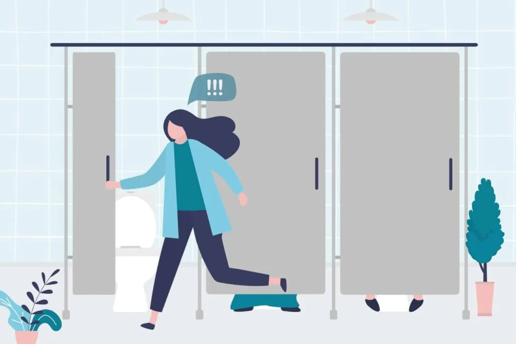 graphic of Urine incontinence Cardiff woman running to the toilet.