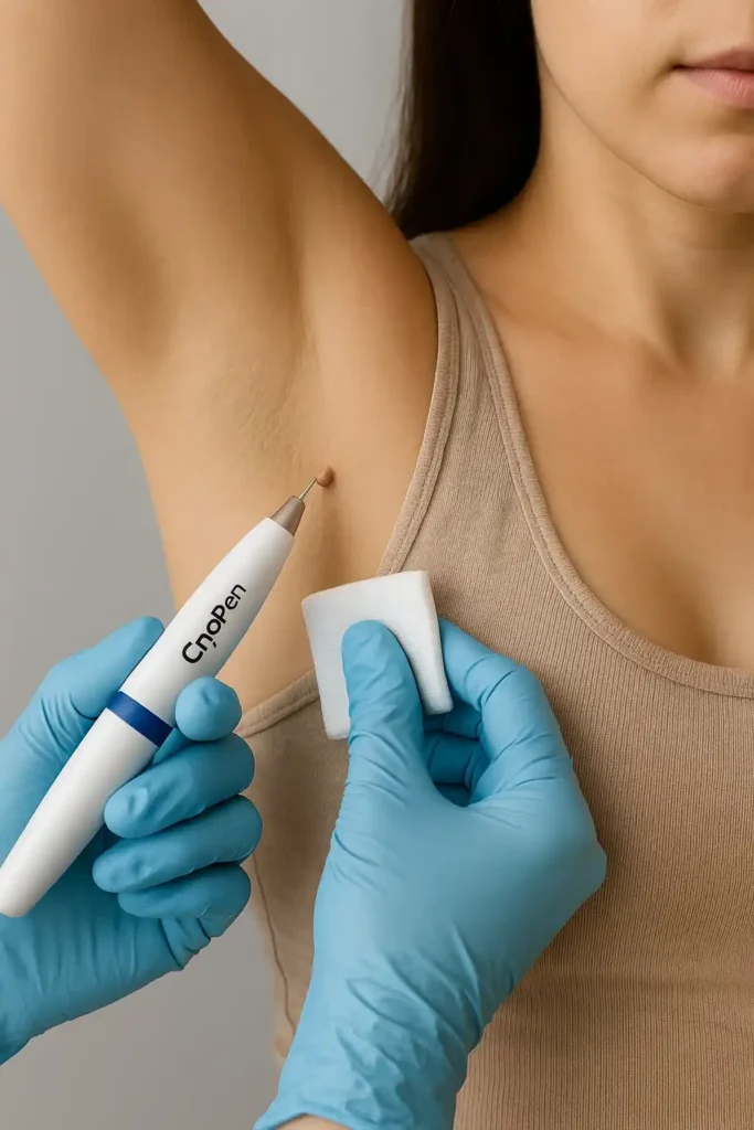 woman having cryopen to remove underarm skin tags Cardiff