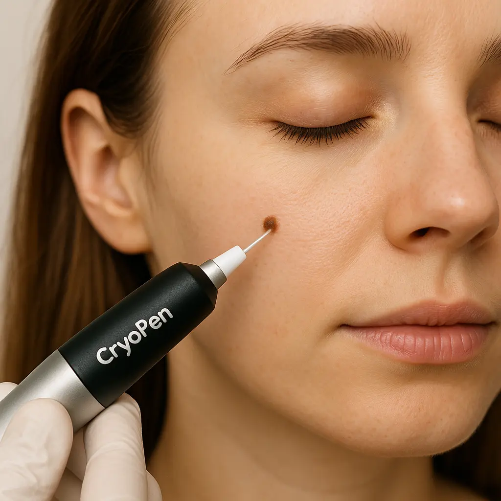 woman receiving facial mole removal Cardiff using cryopen 