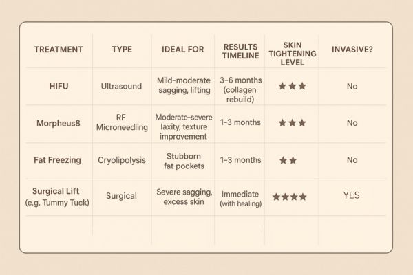 Table showing the comparisons of Skin tightening Cardiff treatment options.